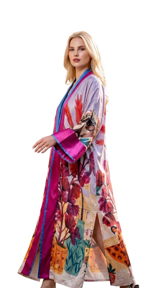 Luxury Silk Satin Kimono Robe – Designer Printed Statement Piece
