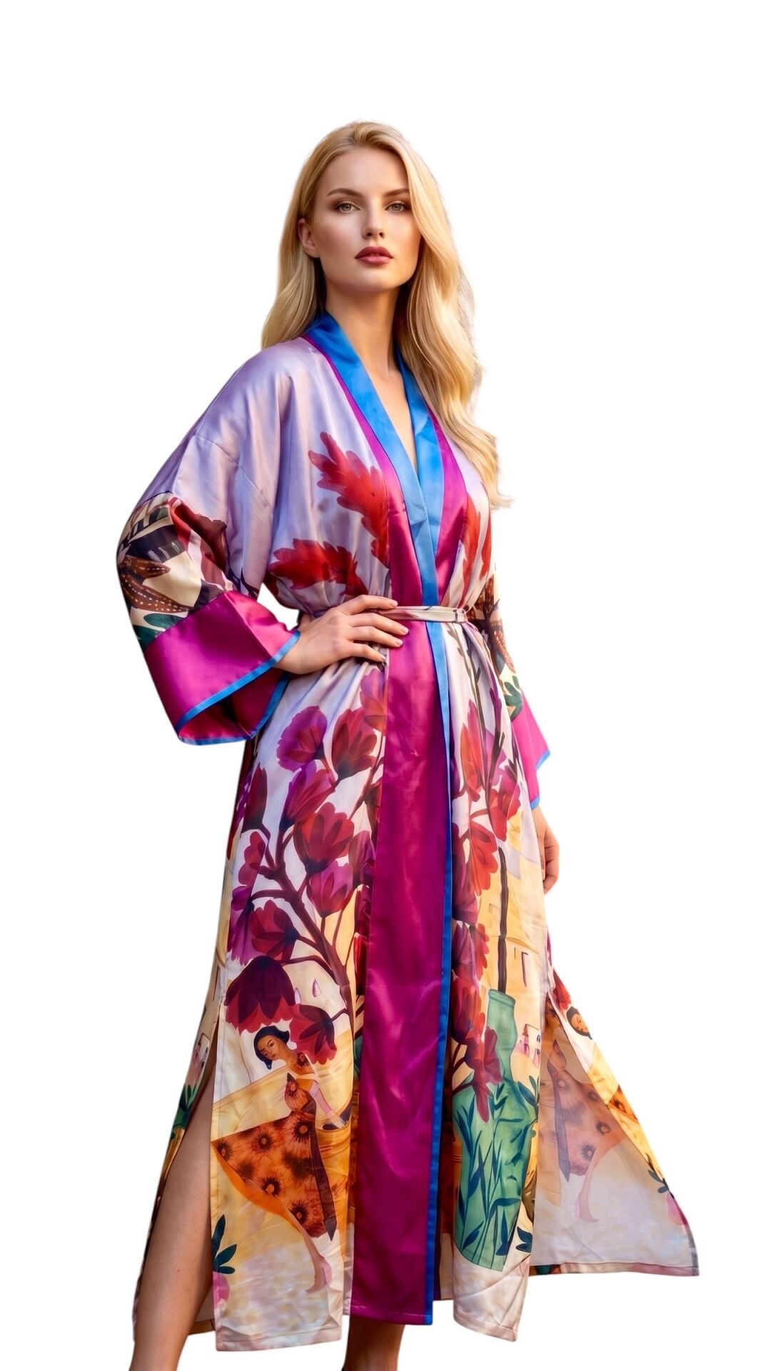 Luxury Silk Satin Kimono Robe – Designer Printed Statement Piece