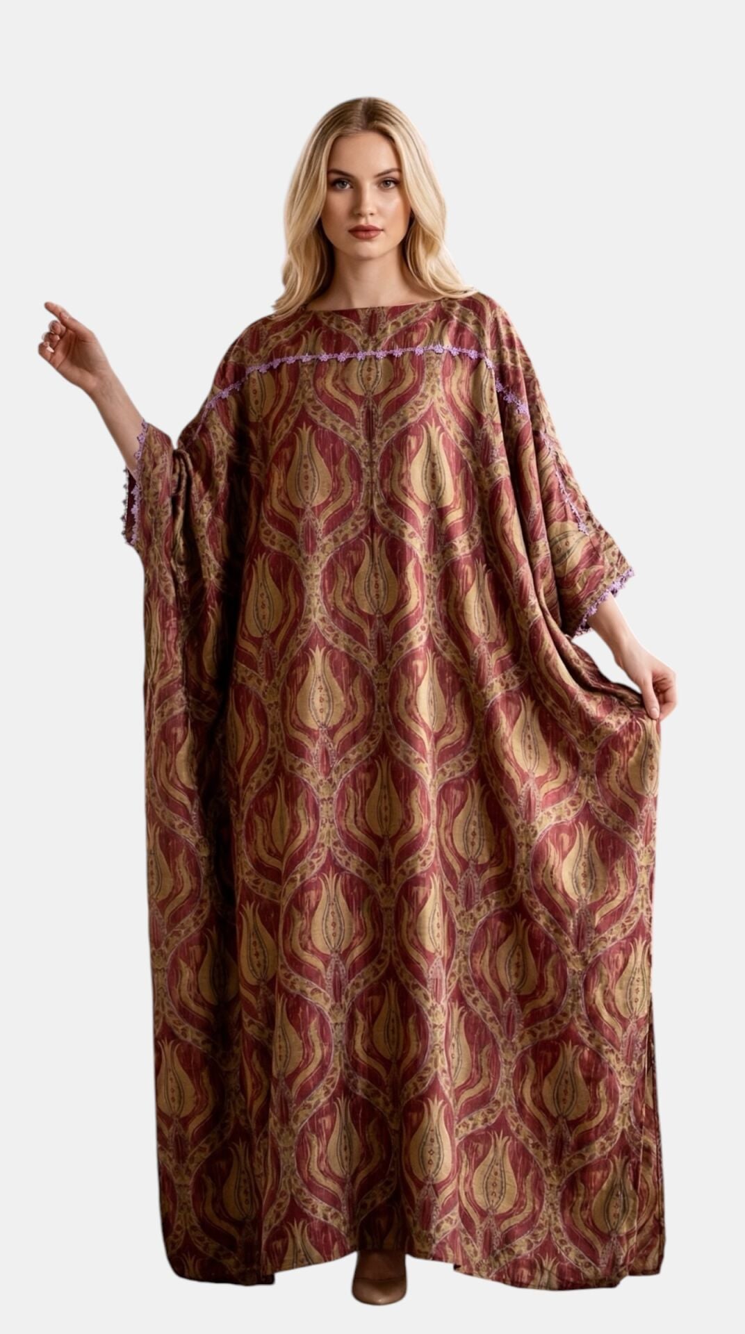 Luxury Silk Satin Dress – Ottoman Tulip Pattern Designer Kaftan
