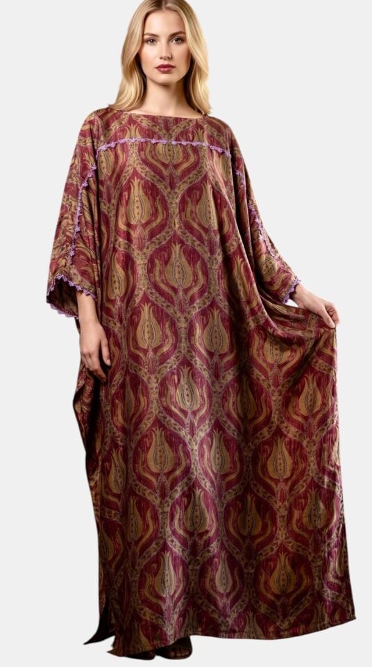 Luxury Silk Satin Dress – Ottoman Tulip Pattern Designer Kaftan
