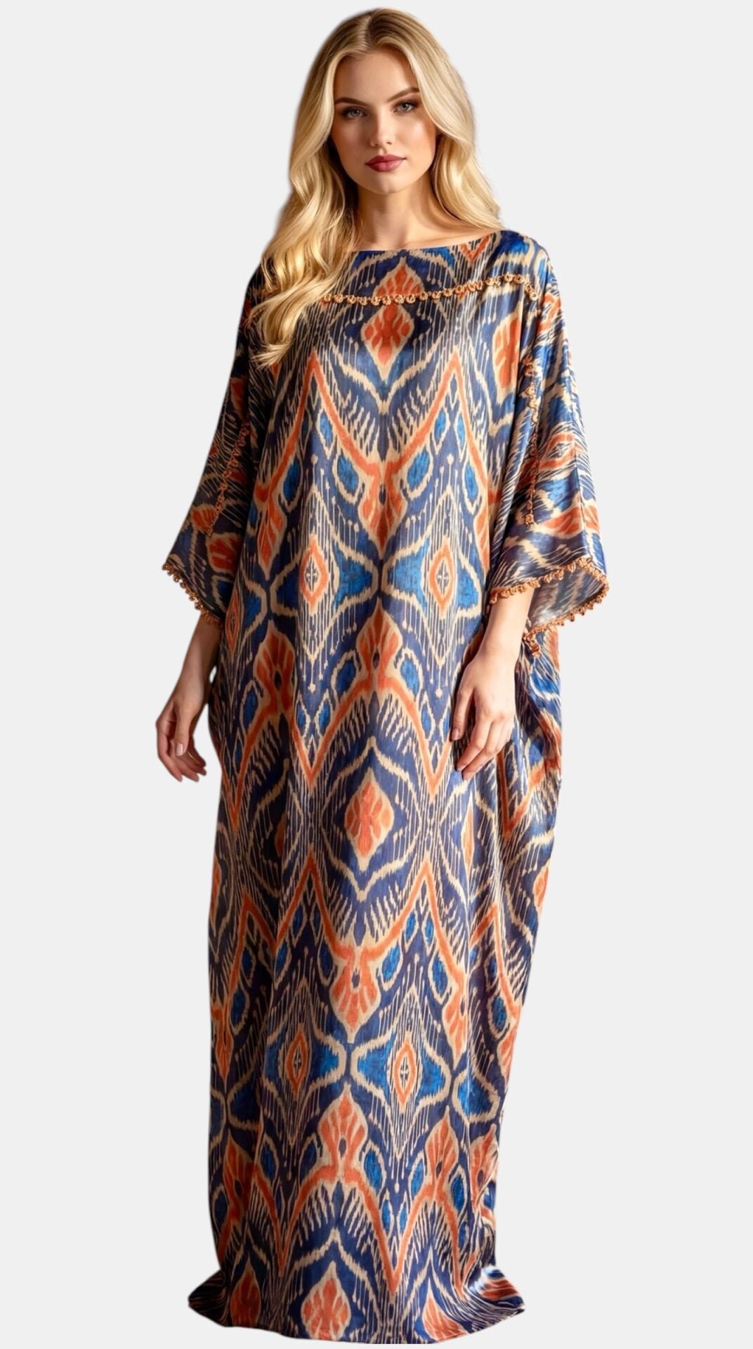 Luxury Silk Satin Dress – Ikat Pattern Designer Dress